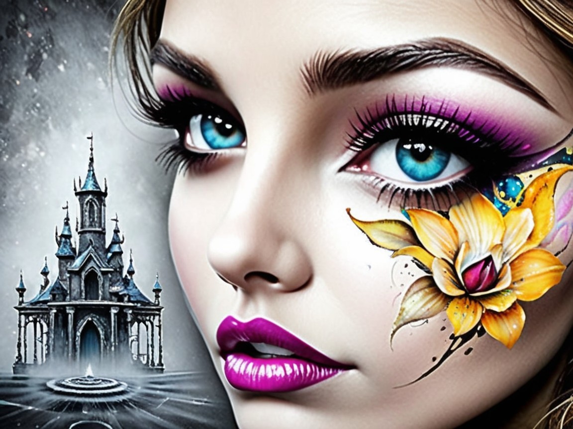 Close-Up of Woman's Face with Bold Makeup and Castle