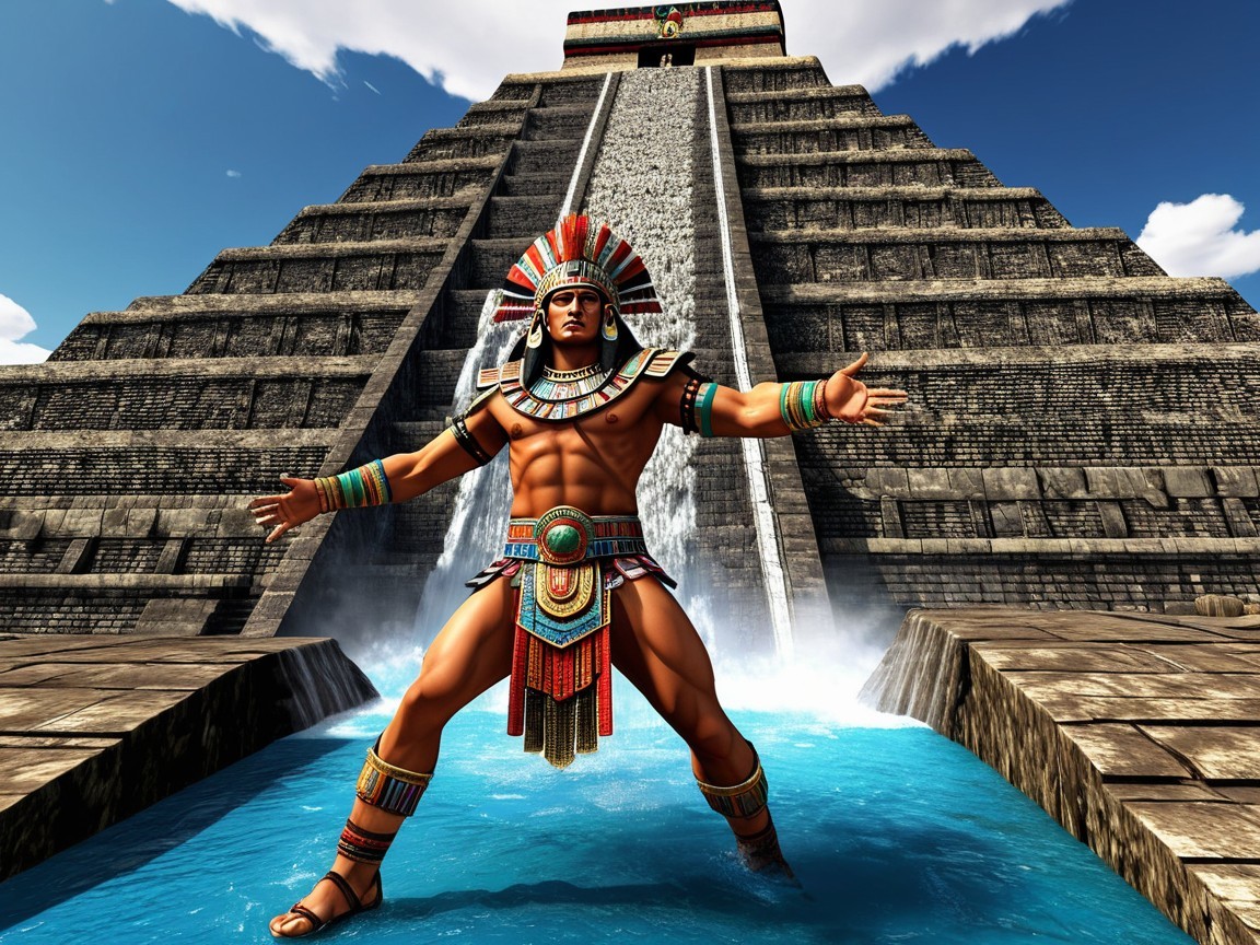 Aztec Figure Before Grand Pyramid with Cascading Water