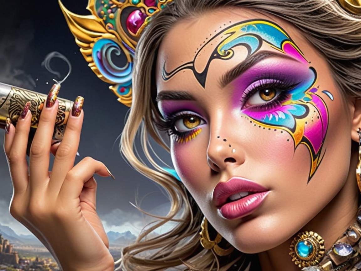 Portrait of a Woman with Butterfly Face Paint and Jewelry