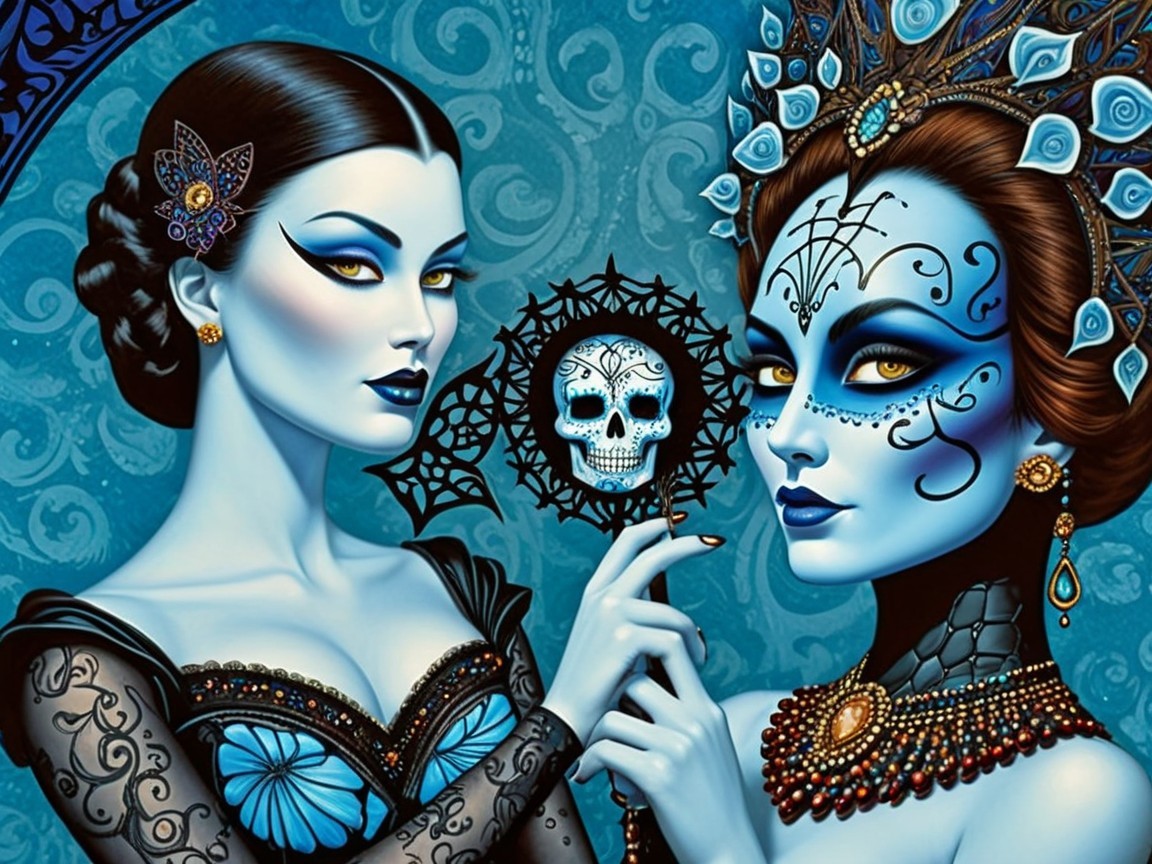 Elegantly Styled Women with Blue Skin and Masks