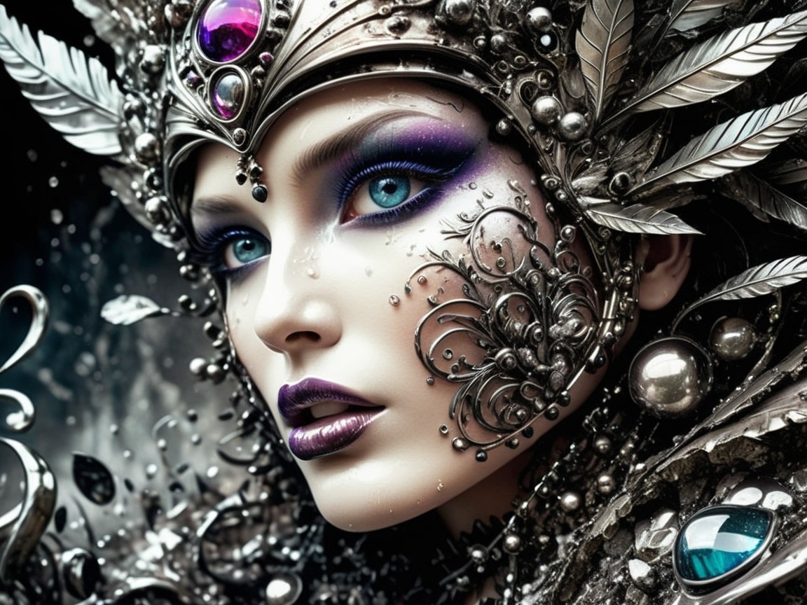 Elegantly Adorned Figure with Blue Eyes and Makeup