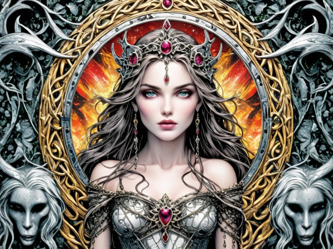 Mystical queen with silver hair and vine crown