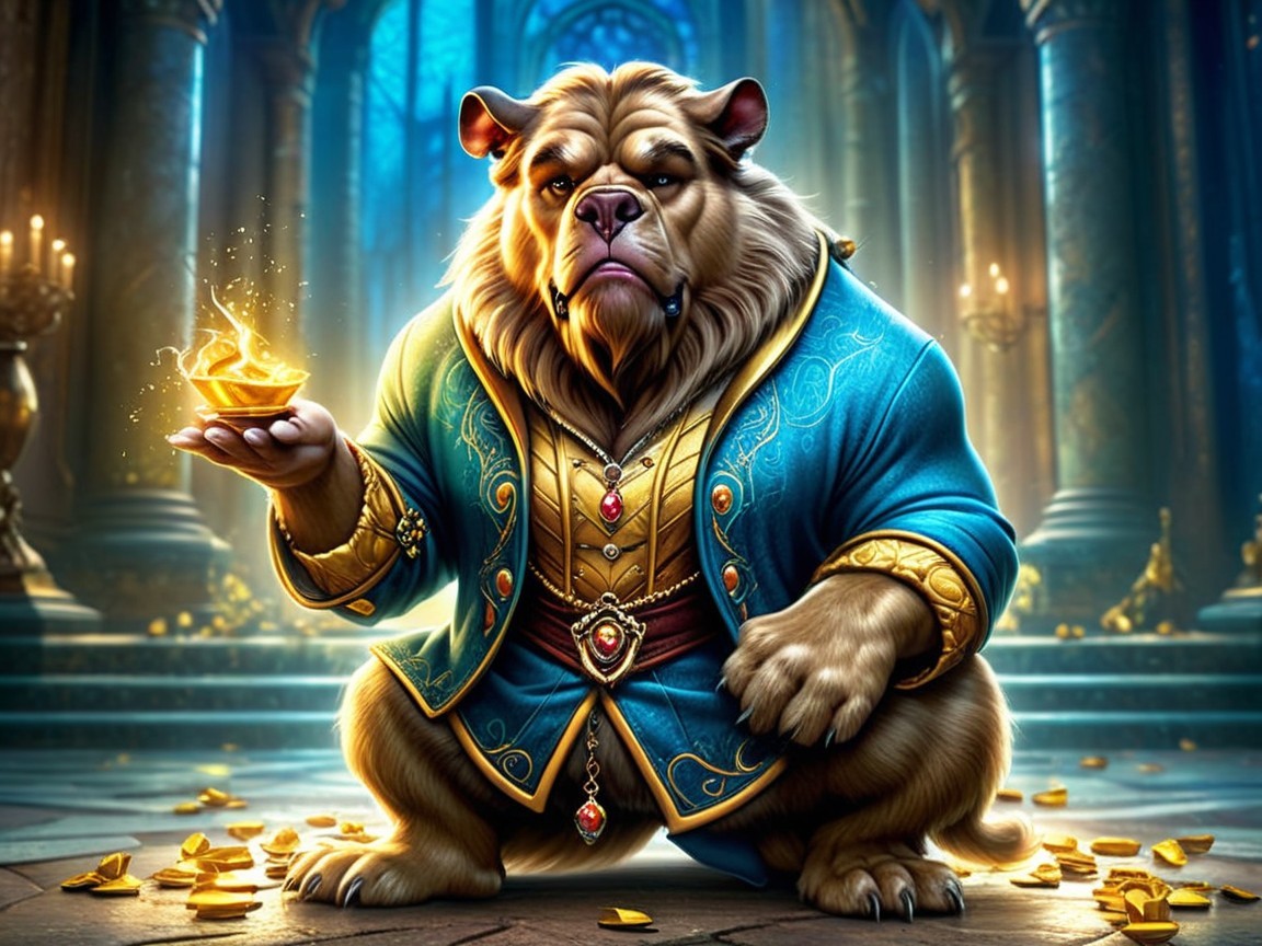 Regal Bulldog in Ornate Hall with Gold Coins