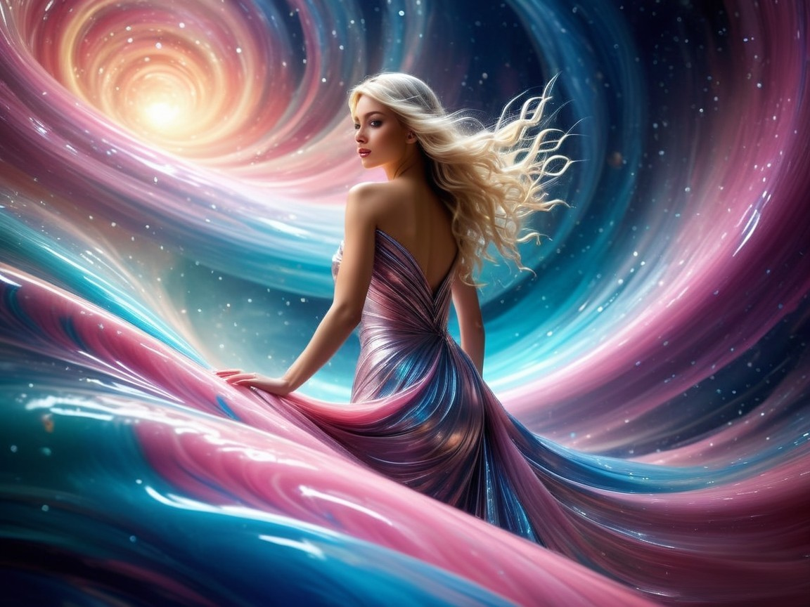Woman in flowing gown against cosmic backdrop