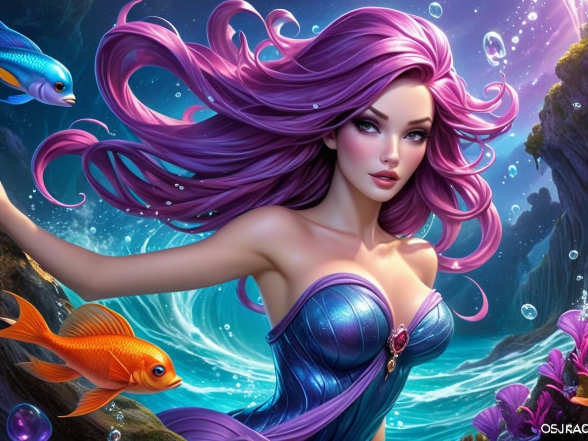 Fantastical Underwater Scene with a Mermaid and Fish