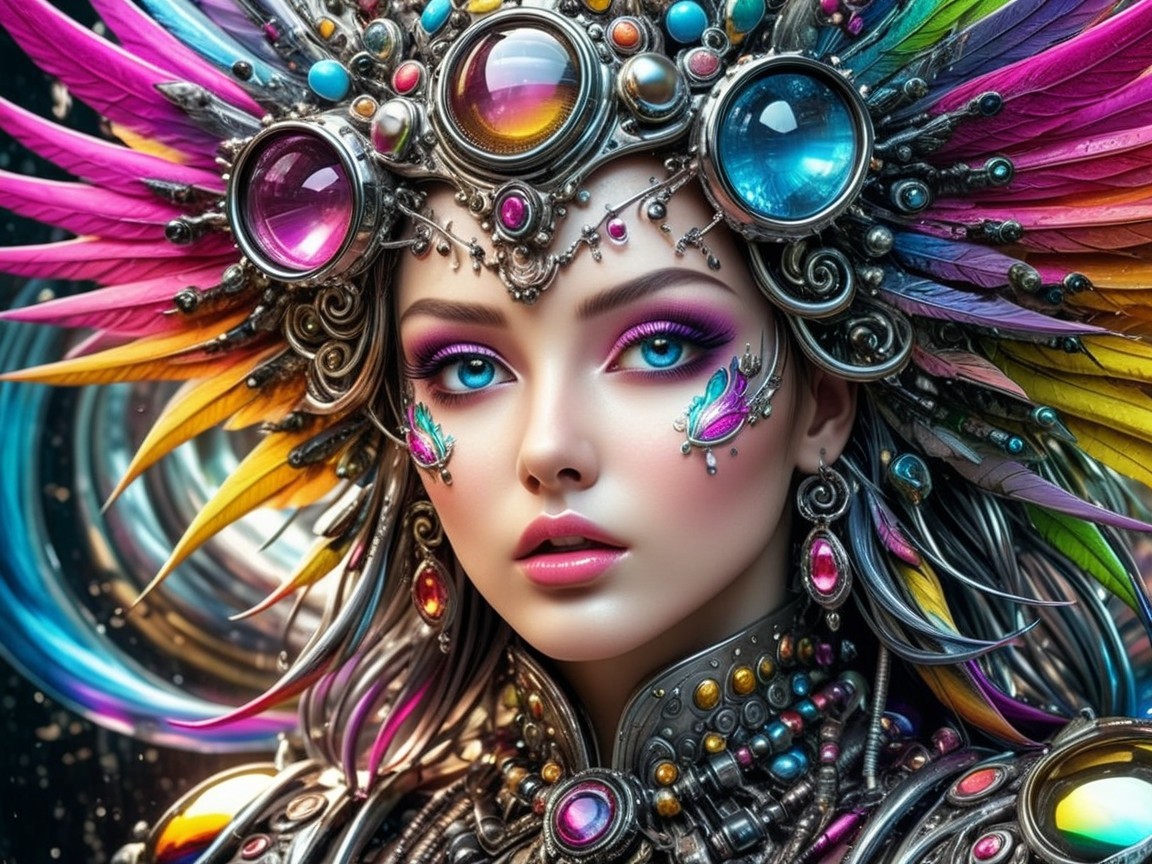 Beautiful woman with colorful feather headdress and jewelry