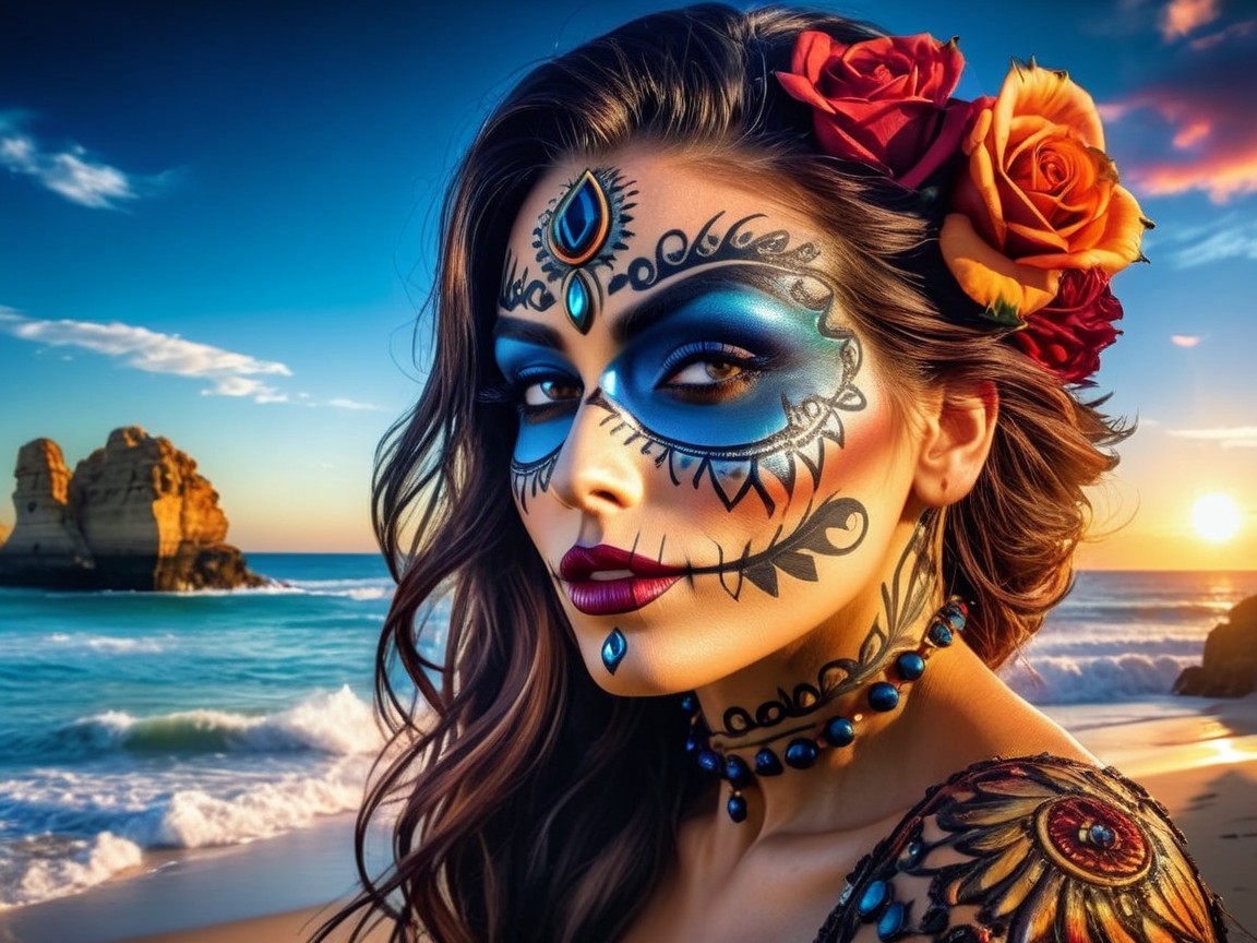 Woman at Beach with Sugar Skull Makeup at Sunset