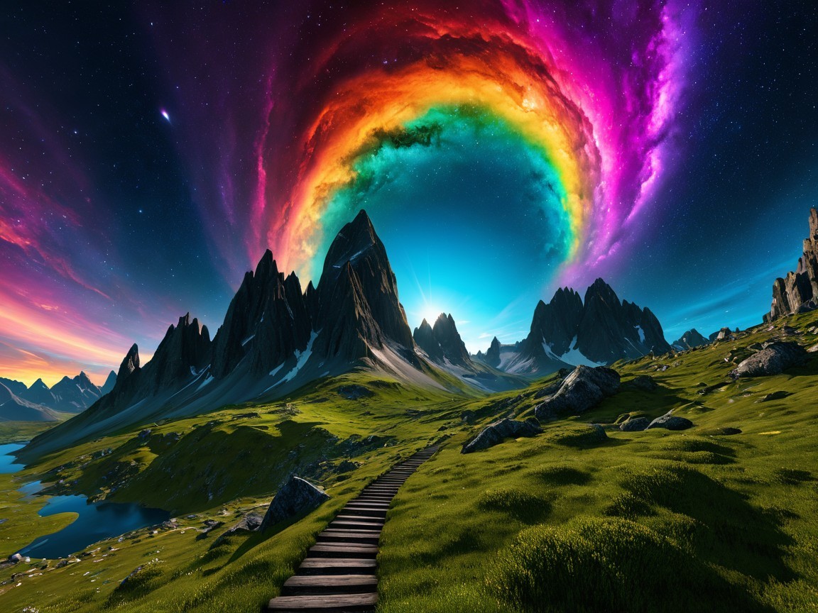 Vibrant Landscape with Mountains, Rainbow, and Lake