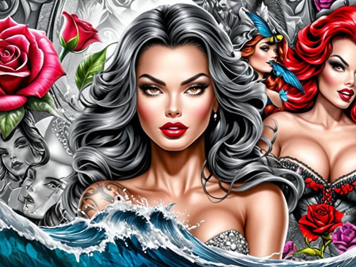 Vibrant Artwork of Glamorous Women with Intricate Designs