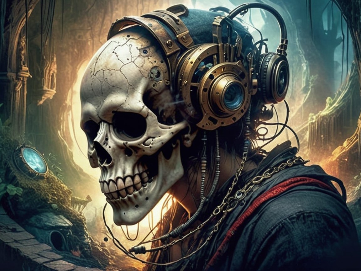 Surreal Figure of Cracked Skull with Golden Headphones