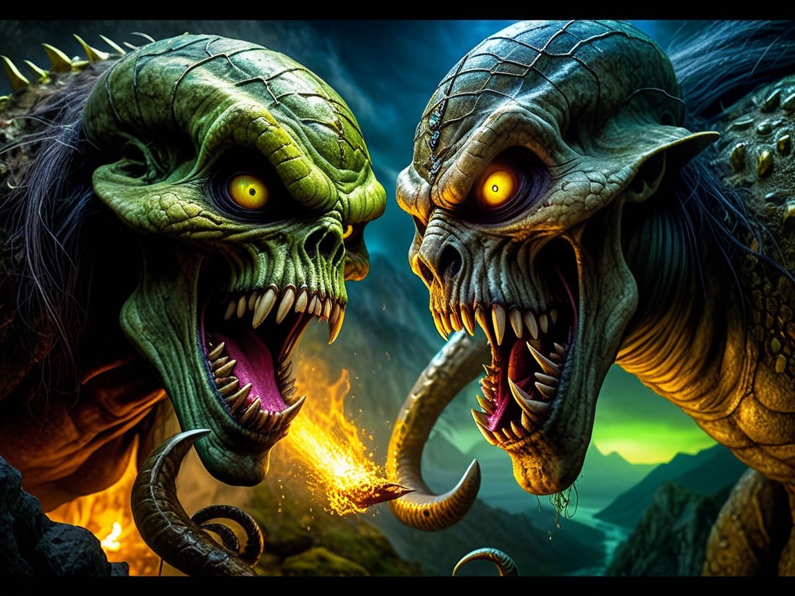 Monstrous Creatures in Dramatic Fiery Landscape