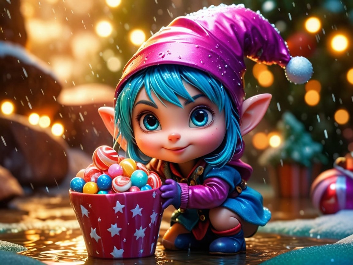 Elf in Winter Outfit with Colorful Candies in Snow