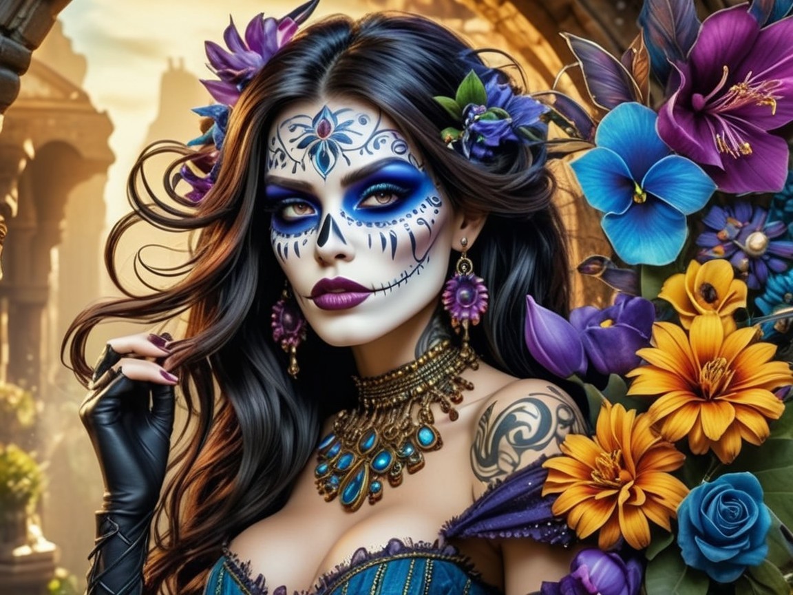 Día de los Muertos Makeup with Floral Accents and Gown