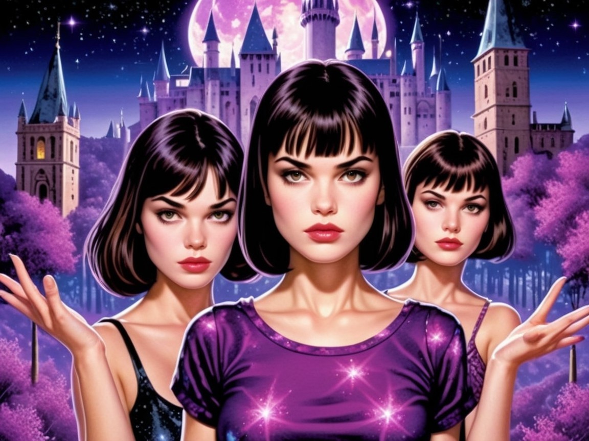 Three Identical Women in Vibrant Outfits Against Fantasy Scene