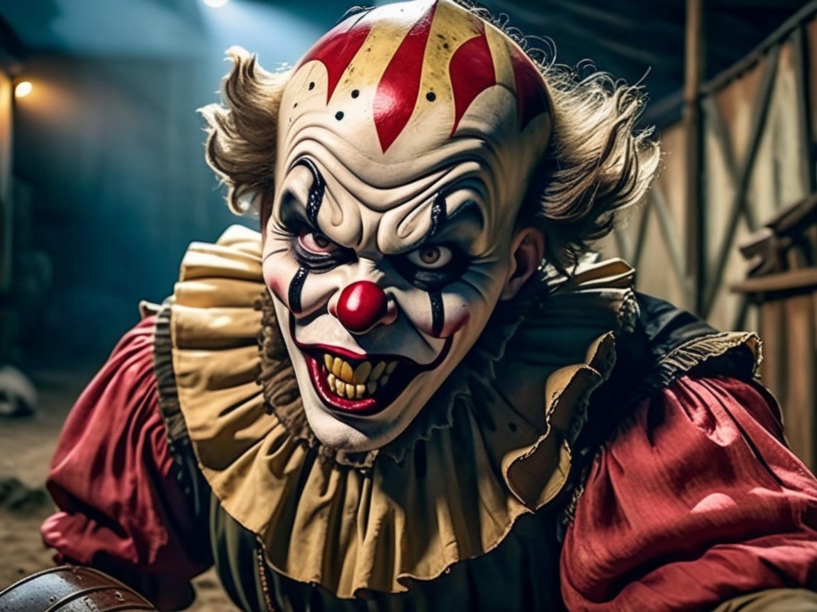 Menacing Clown with Exaggerated Features in Dark Setting