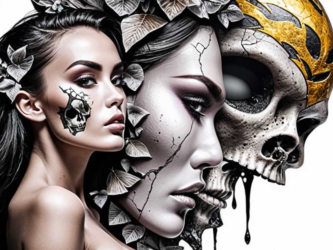 Woman's Face with Skull Art and Surreal Elements