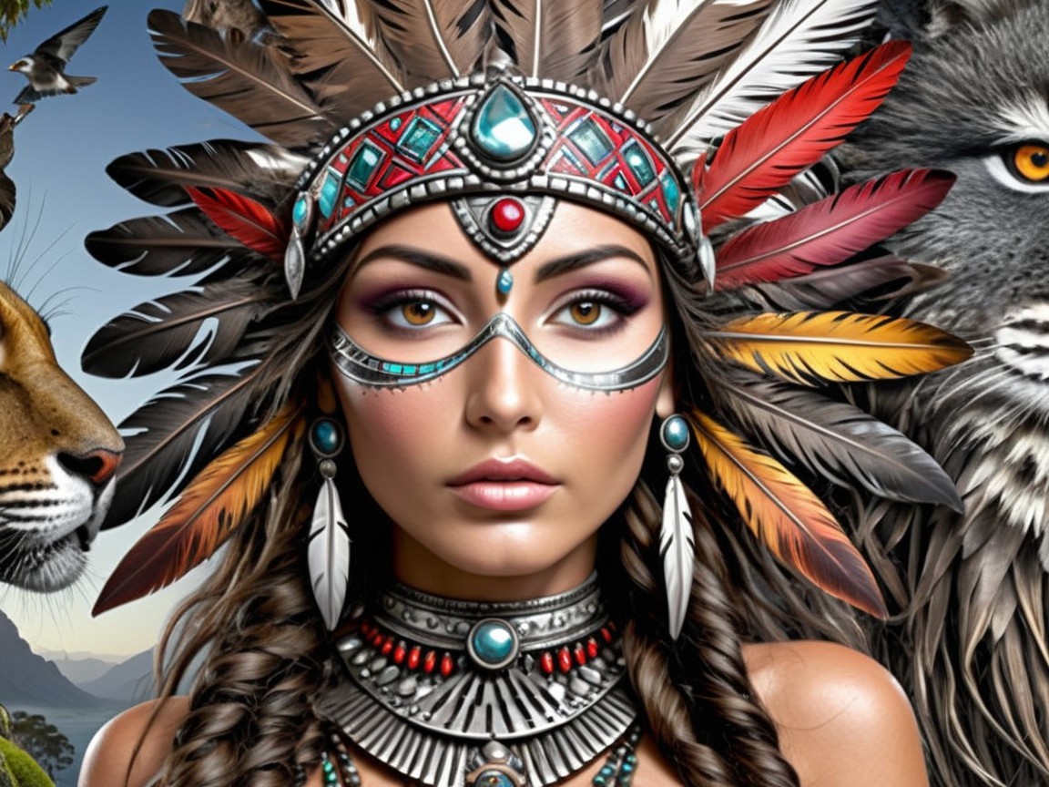 Woman in Feathered Headdress with Nature Background
