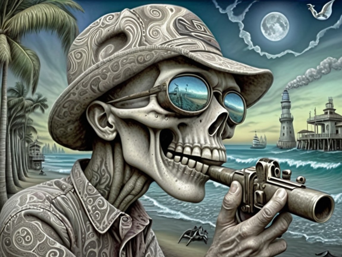Whimsical Skeletal Figure at a Serene Beach Scene