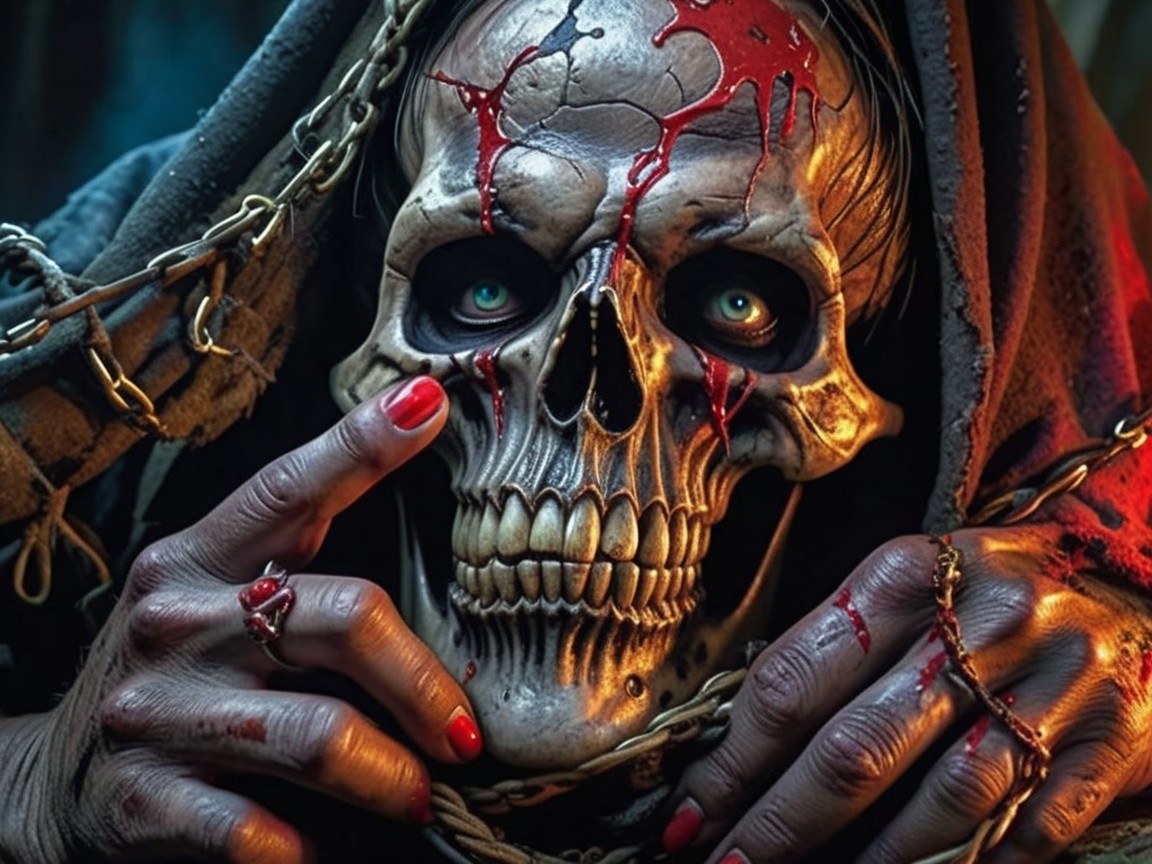 Skull with Red Paint Surrounded by Chains and Fabric