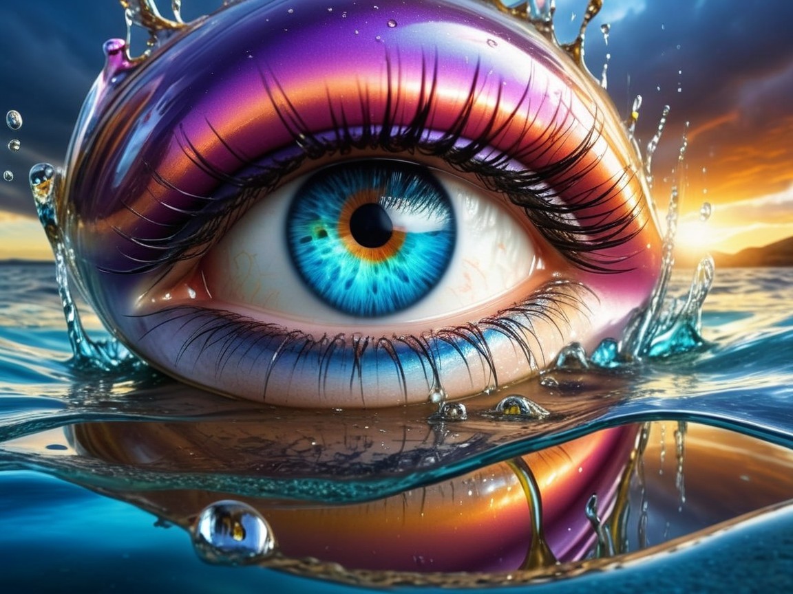 Vibrant Eye with Blue Iris and Water Reflections