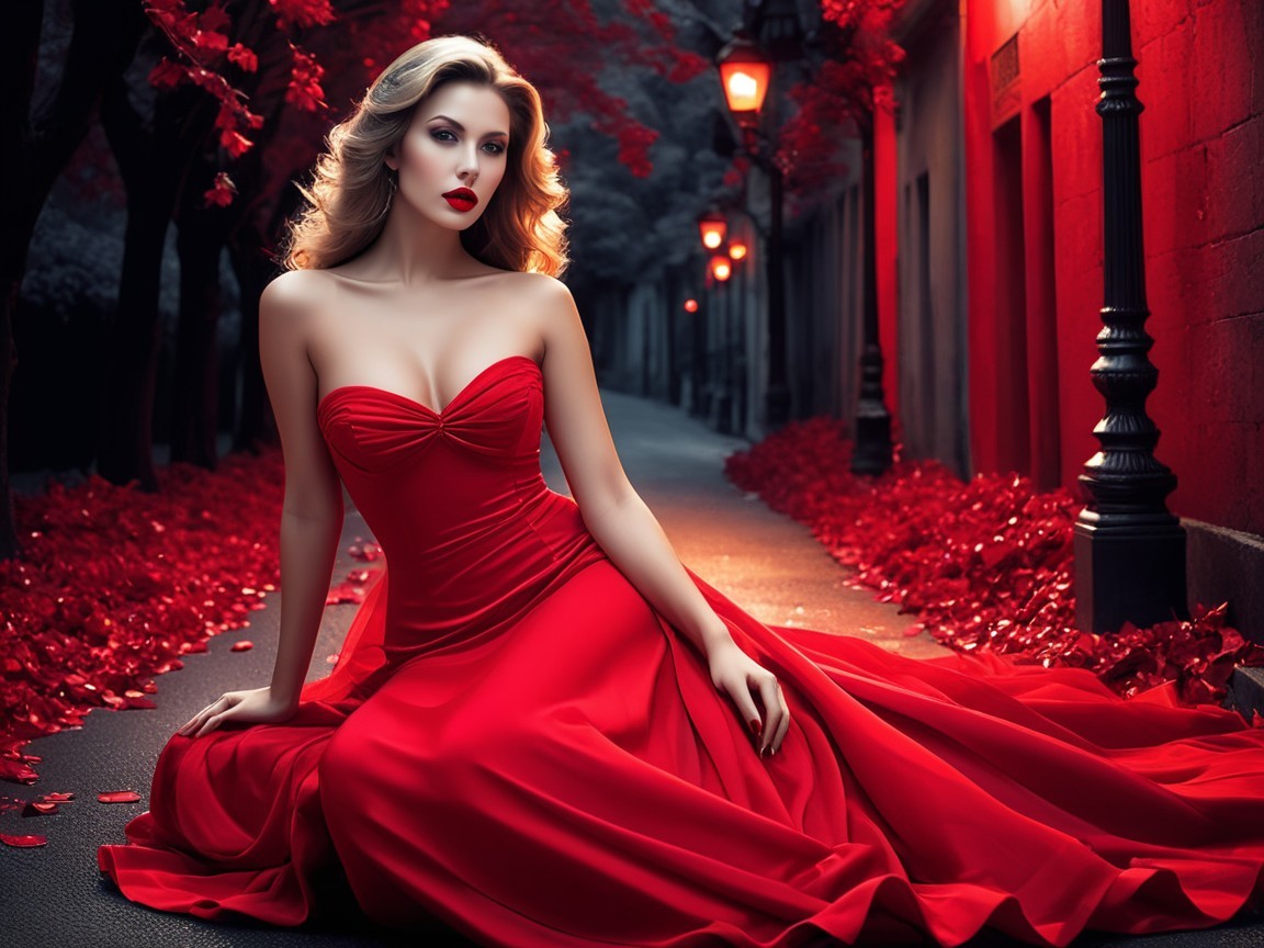 Elegant Woman in Red Gown Surrounded by Autumn Leaves