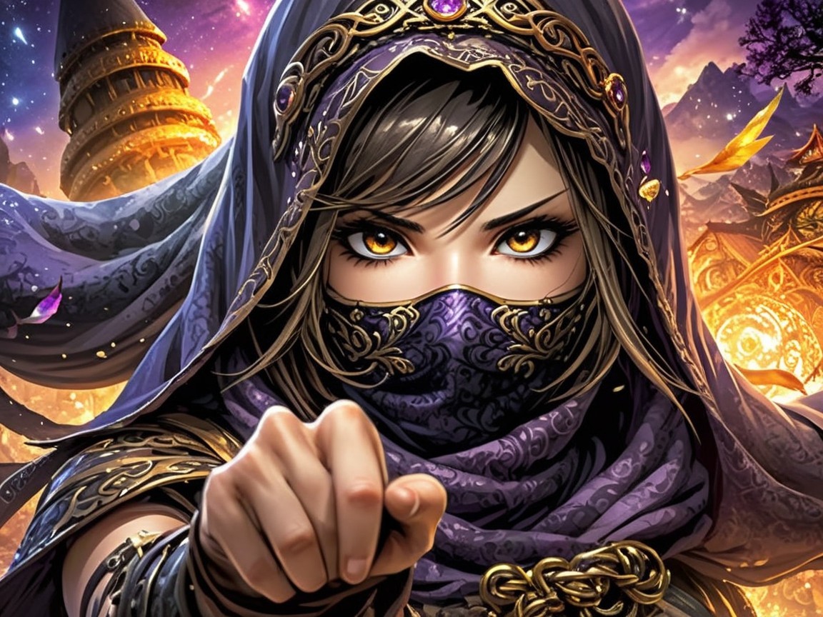 Hooded Figure with Amber Eyes in Enchanting Scene