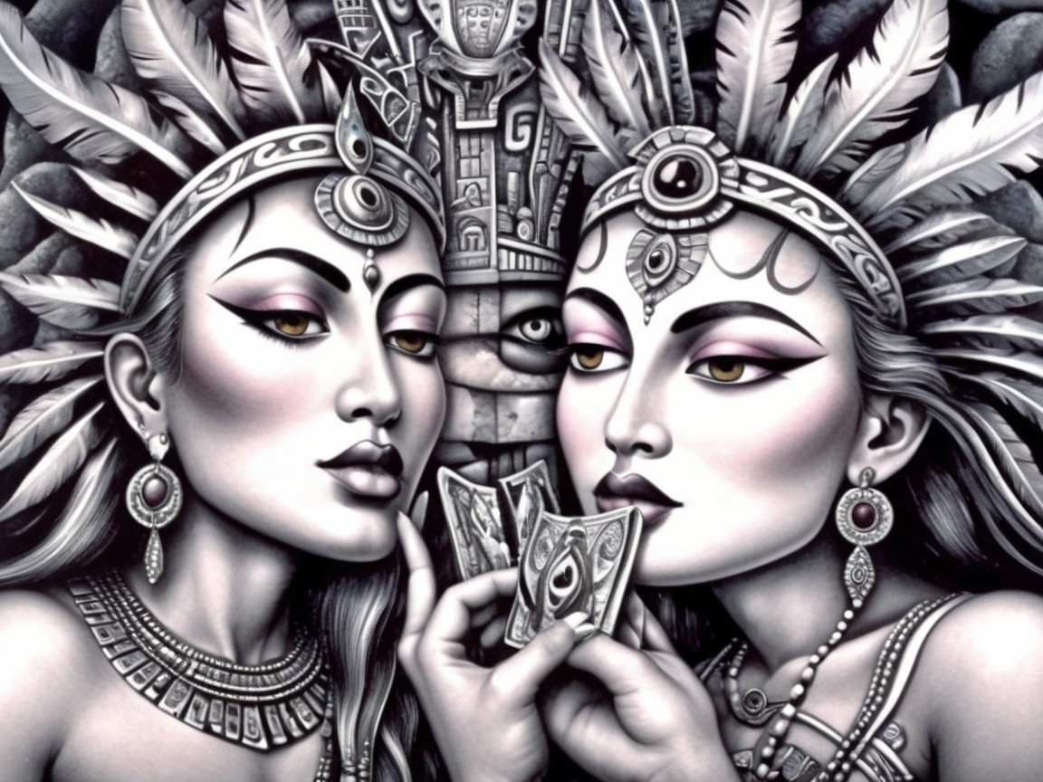 Elegant Women with Feathered Headdresses and Cards