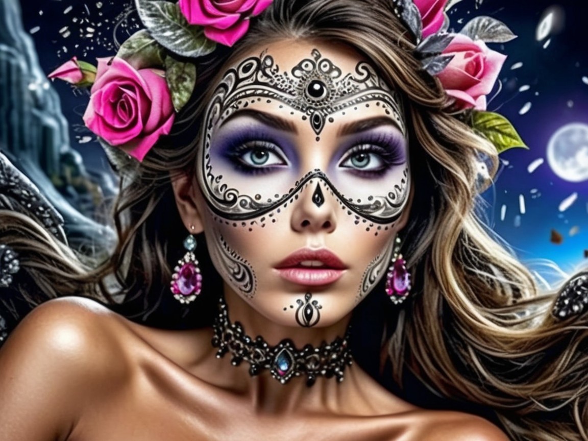 Vibrant Sugar Skull Makeup Portrait with Floral Crown