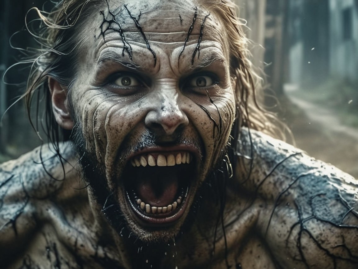 Fierce Bearded Man with Dramatic Face Paint in Darkness
