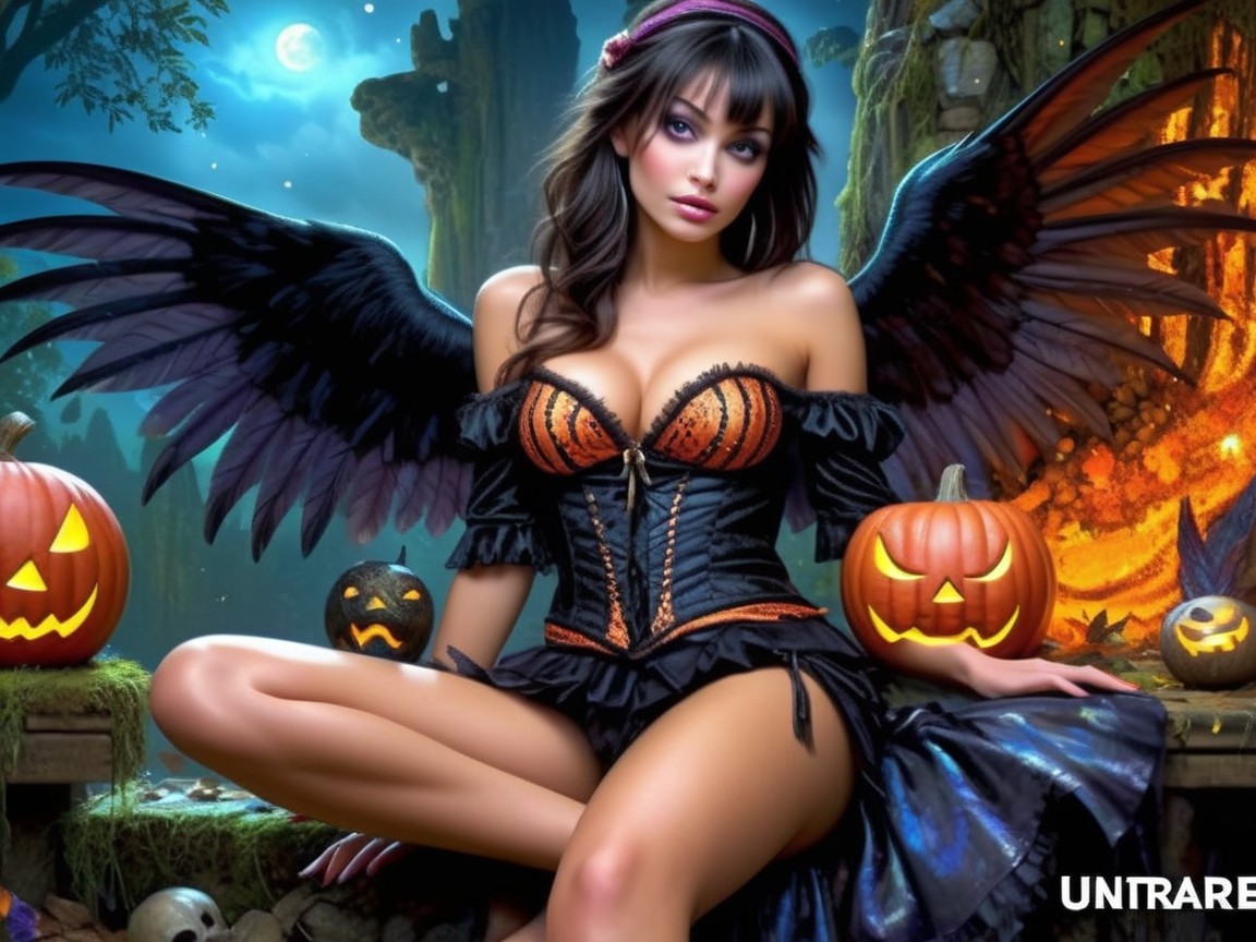 Witch with Feathered Wings in Moonlit Forest Setting