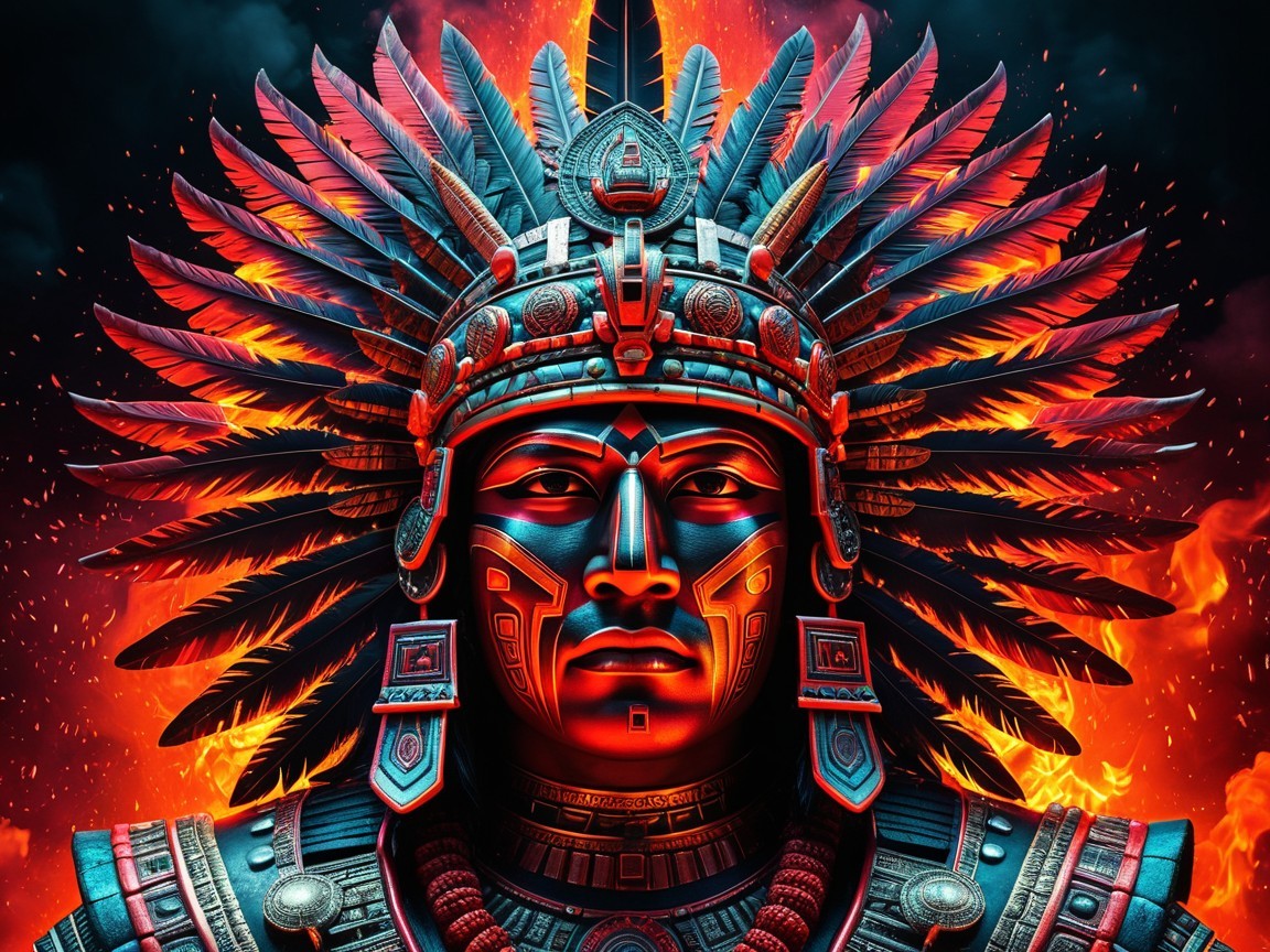 Elaborate Headdress and Fiery Background in Artwork