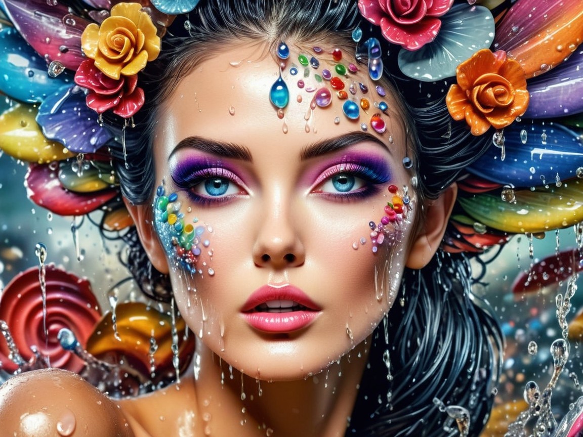 Portrait of a woman with vibrant makeup and decorations