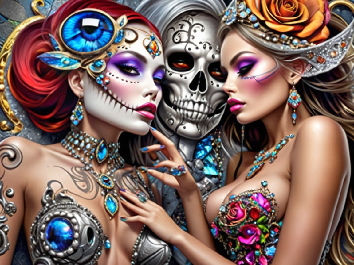 Elegant Women and Skeletal Figure in Mystical Setting