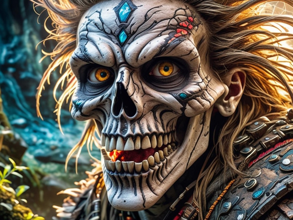 Intricate Skull Makeup Character in Nature Backdrop