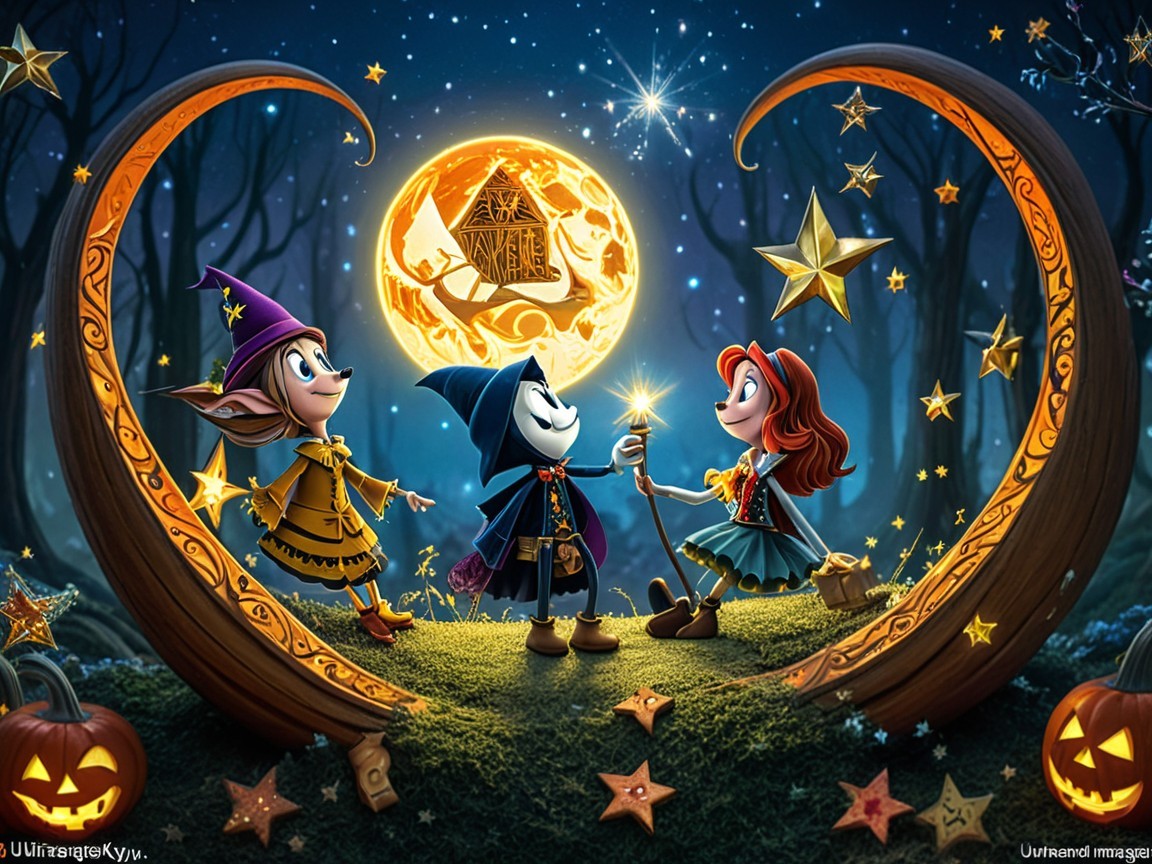Whimsical Forest Scene with Magical Characters and Moon