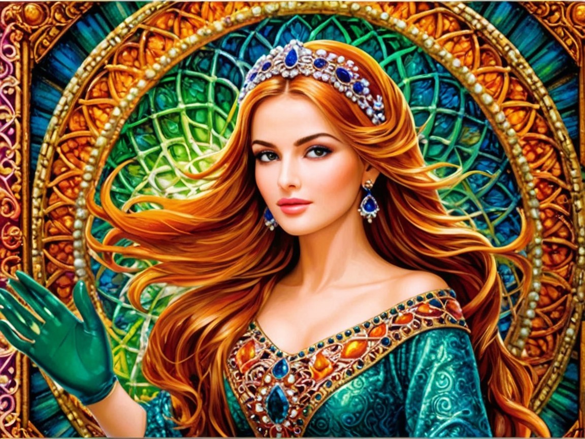 Regal Woman in Teal Gown with Stained Glass Background