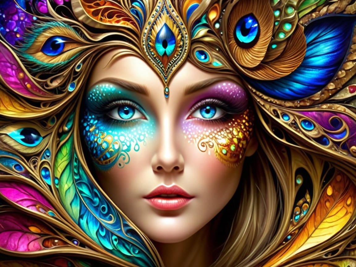 Portrait of a woman with vibrant face paint and blue eyes