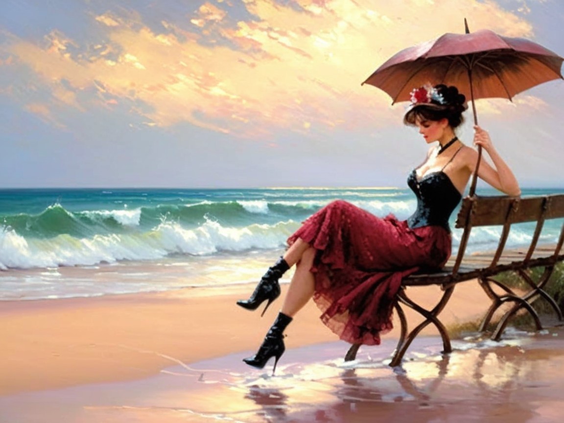 Woman in vintage attire on a beach bench at sunset