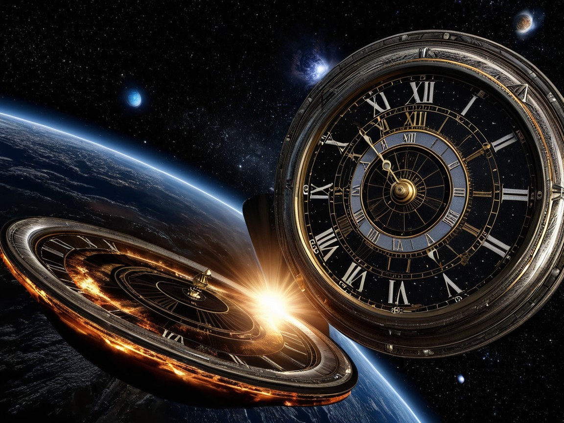 Cosmic Scene with Ornate Clock and Earth at Sunrise
