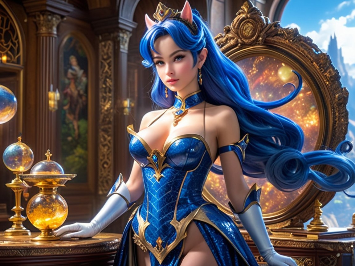 Character with Blue Hair in Ornate Room Setting