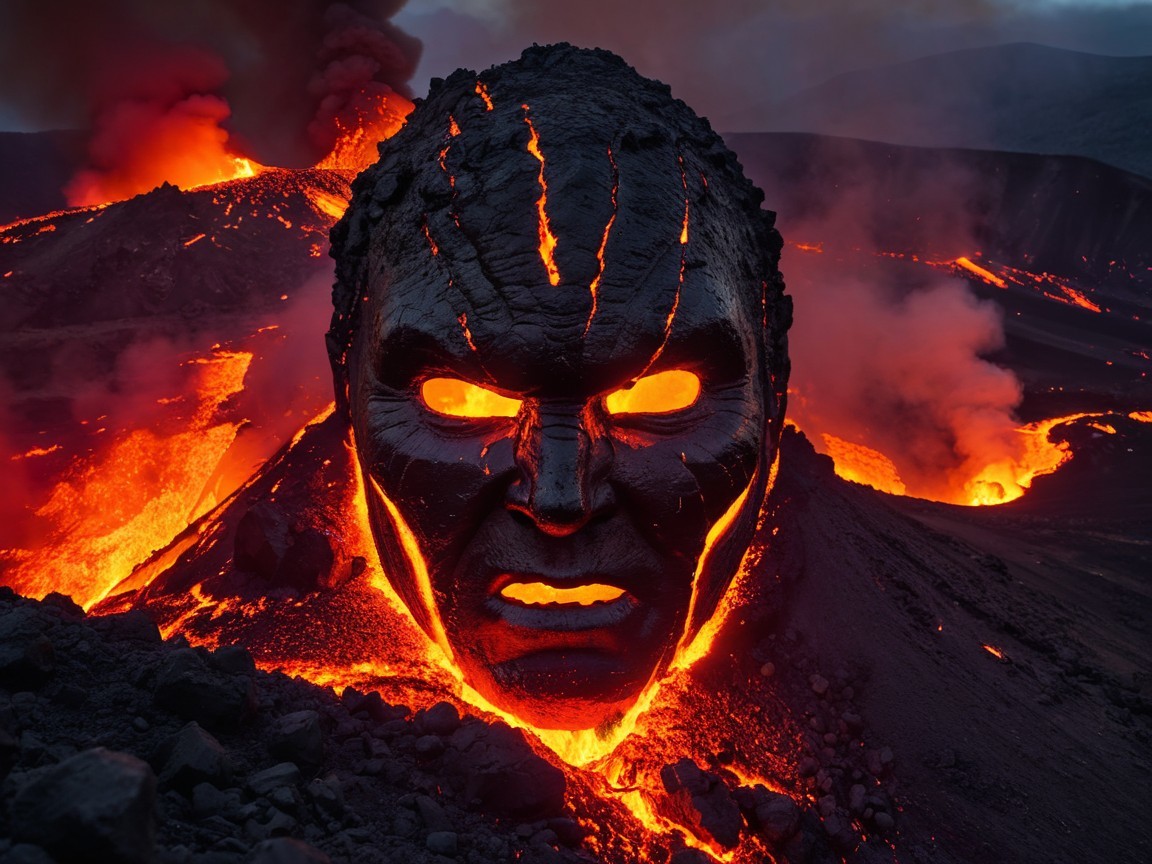 Massive sculpted face in a lava landscape scene