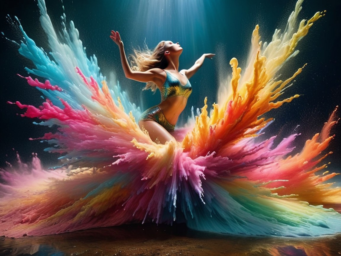 Dancer in Motion Surrounded by Colorful Splashes