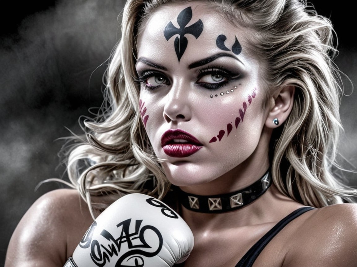Fierce Female Fighter with Bold Makeup and Boxing Gloves