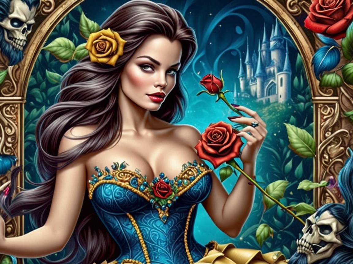 Fantasy Scene with Woman in Gown and Mystical Landscape