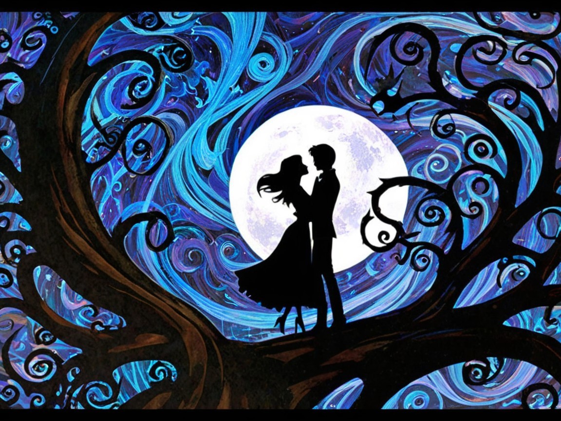 Romantic Silhouette of Couple Under Full Moon