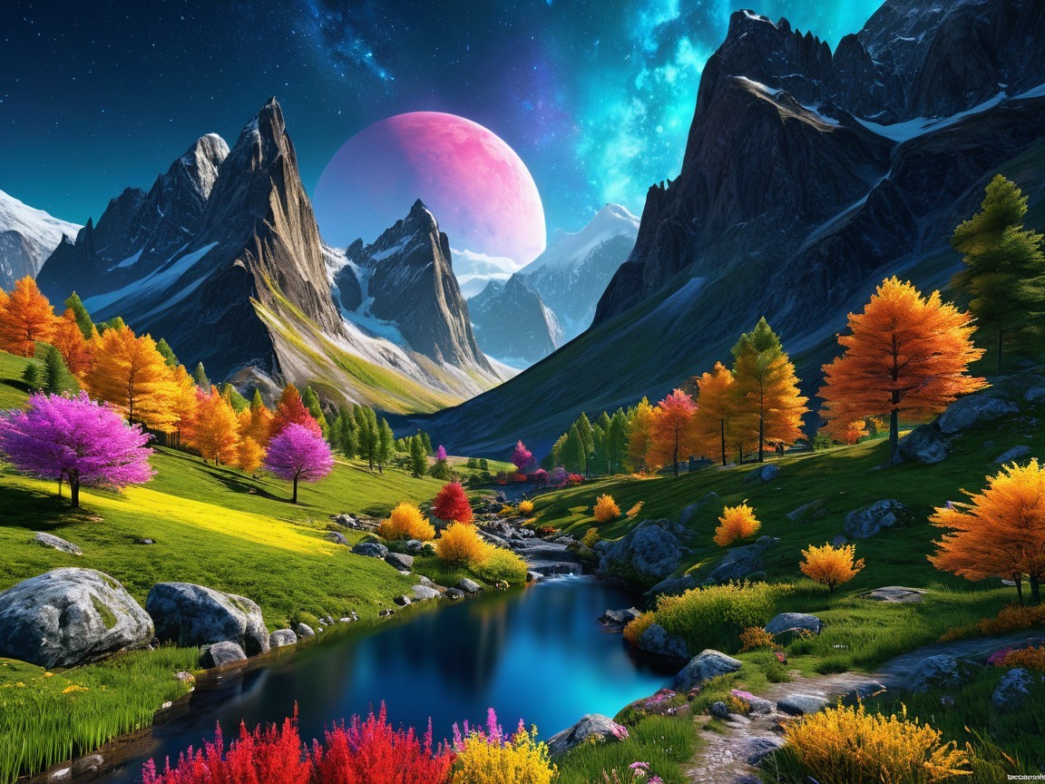 Vibrant Landscape with Colorful Foliage and Mountains