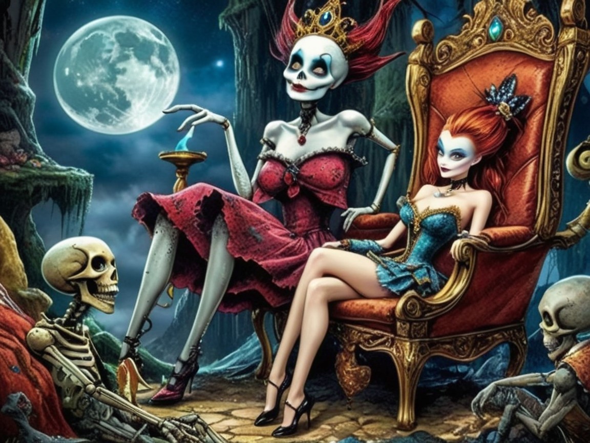 Regal Skeleton Queen and Glamorous Woman in Enchanting Scene