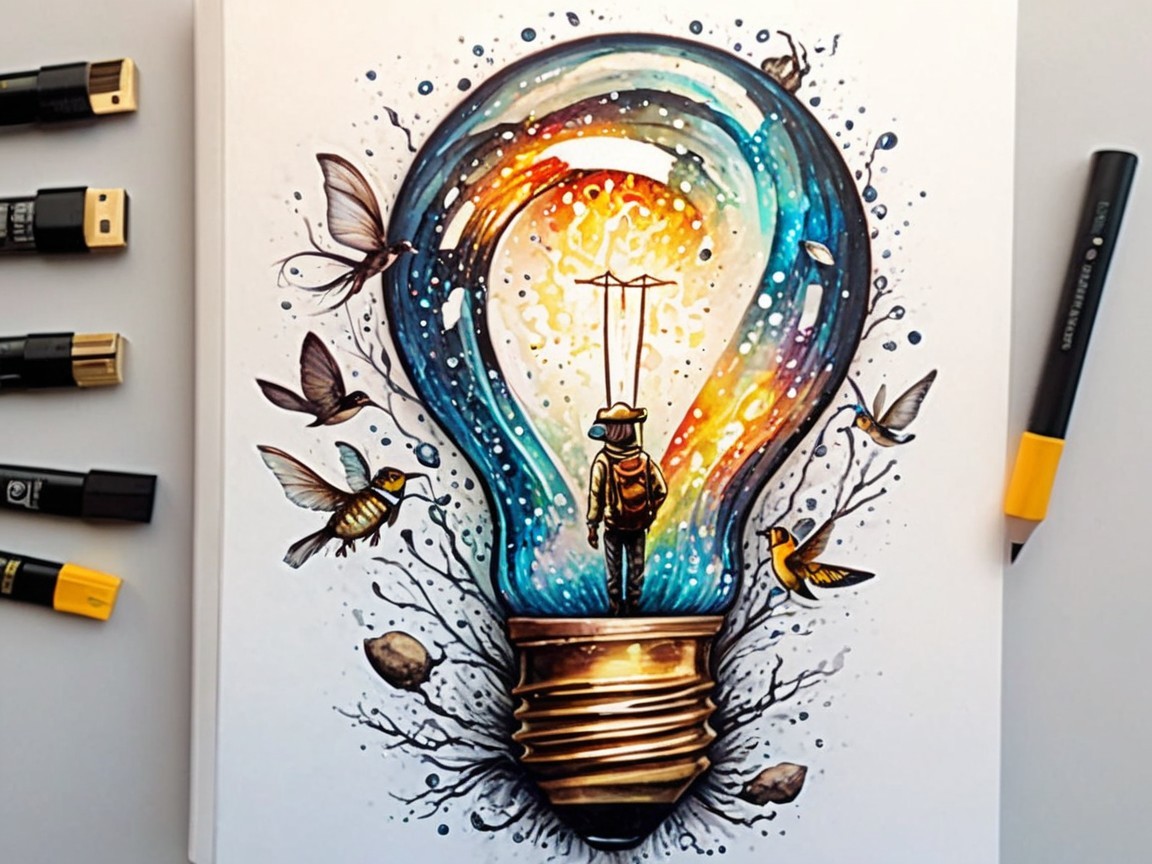 Young figure in light bulb with cosmic colors