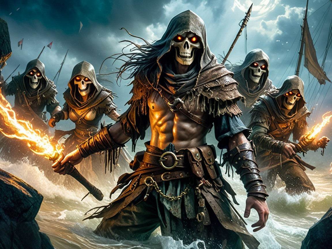 Skeletal Figures with Glowing Weapons on Rocky Shore