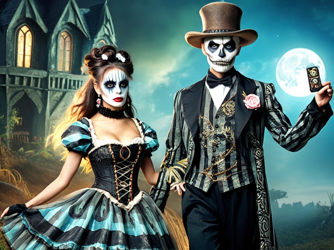 Couple in Spooky Costumes Under Moonlit Sky